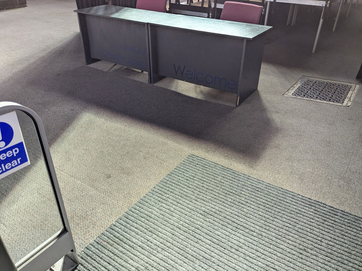 A photograph of the carpeted floor of St Mary’s