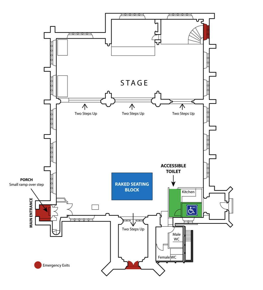 A floor plan showing location of facilities, steps and emergency exits